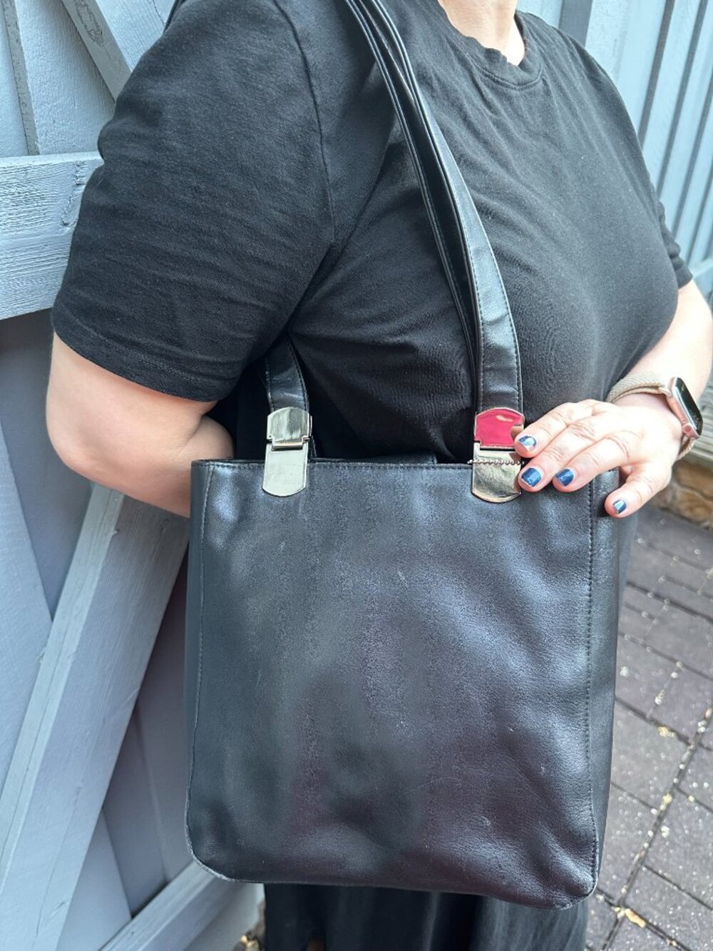 Charter Club Black Genuine Leather Tote Shoulder Bag Silver Hardware Work Purse